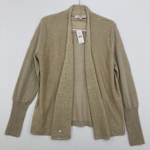 New Ann Taylor LOFT size Large Oatmeal Sequins Open Front Cardigan - Picture 1 of 11